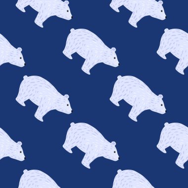 Dekoratif kontrastsız desenli açık mavi kutup ayısı süsü. Parlak mavi arka plan. Basit bir tasarım. Kumaş tasarımı, tekstil baskısı, ambalaj ve kapak için mükemmel. Vektör illüstrasyonu.