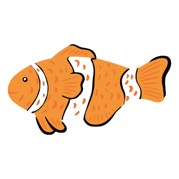 Clownfish isolated on white background. Funny aquatic character orange color in hand drawn style. Design vector illustration for any purposes.