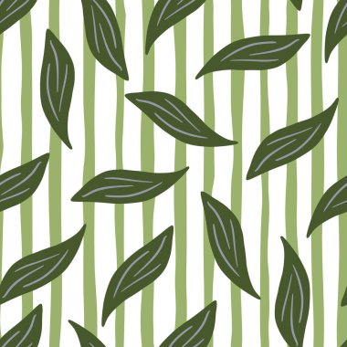 Yeşil yeşil yapraklı, dikişsiz botanik deseni elementler bırakır. Çizgili arka plan. Doğa baskısını karala. Kumaş tasarımı, tekstil baskısı, ambalaj ve kapak için mükemmel. Vektör illüstrasyonu.