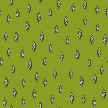 Botanik desenli, küçük yapraklı bahçe süsü. Yeşil arka plan. El çizimi doğa eseri. Kumaş tasarımı, tekstil baskısı, ambalaj ve kapak için mükemmel. Vektör illüstrasyonu.