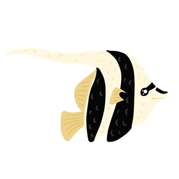 魚ムーア人のアイドルは白い背景に隔離されました 手描きのスタイルで縞模様の面白い水生文字 任意の目的のための設計ベクトル図 — ストックベクタ