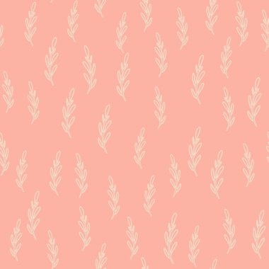 Küçük dallı siluetleri olan tropikal şekilli karalamalar. Pastel pembe arka plan. Basit bir tarz. Kumaş tasarımı, tekstil baskısı, ambalaj ve kapak için mükemmel. Vektör illüstrasyonu.