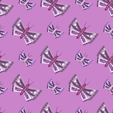 Böcek geometrik kelebek şekilli karalama deseni iz bırakır. Mor renkli arka plan. Kumaş tasarımı, tekstil baskısı, ambalaj ve kapak için mükemmel. Vektör illüstrasyonu.