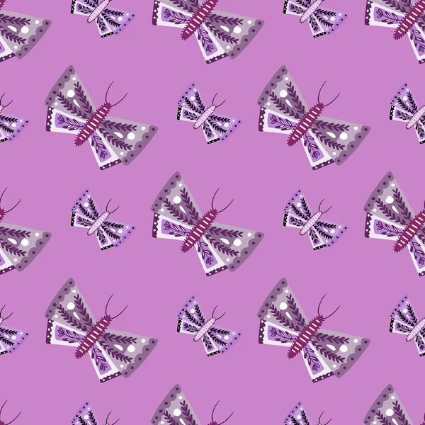 Böcek geometrik kelebek şekilli karalama deseni iz bırakır. Mor renkli arka plan. Kumaş tasarımı, tekstil baskısı, ambalaj ve kapak için mükemmel. Vektör illüstrasyonu.