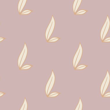 Doğa yaprağı şekilli, minimalist, pürüzsüz desenli beyaz siluetler. Pastel leylak arka planı. Kumaş tasarımı için dekoratif zemin, tekstil baskısı, ambalaj, kapak. Vektör illüstrasyonu.