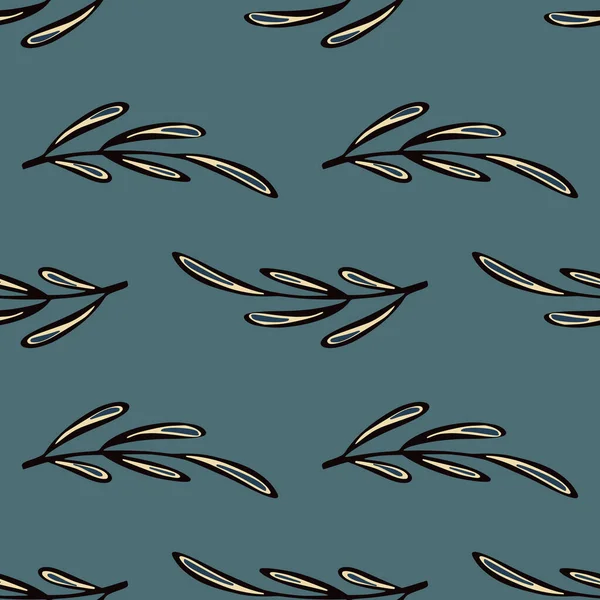 Zwarte Voorgevormde Bladtakken Naadloos Met Hand Getekend Patroon Bleke Marineblauwe — Stockvector