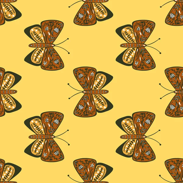 Orange Doodle Folk Butterfly Elements Seamless Doodle Pattern Pastel Yellow — Stock Vector