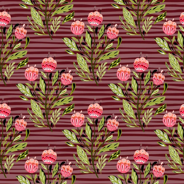 Hand Drawn Pink Flowers Print Ethnic Style Seamless Pattern Maroon — Stock Vector
