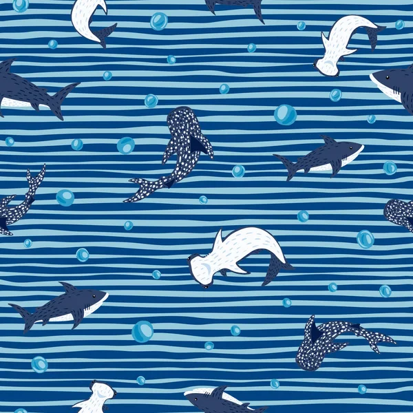 Απρόσκοπτοι Καρχαρίες Μοτίβο Λευκό Μπλε Ριγέ Φόντο Χαριτωμένο Αποτύπωμα Hammerhead — Διανυσματικό Αρχείο