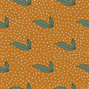 Yeşil karalamalar basit yaprak dikişsiz desen. Turuncu koyu arka plan. Yaratıcı çiçek arkaplanı. Kumaş tasarımı için dekoratif zemin, tekstil baskısı, ambalaj, kapak. Vektör illüstrasyonu.