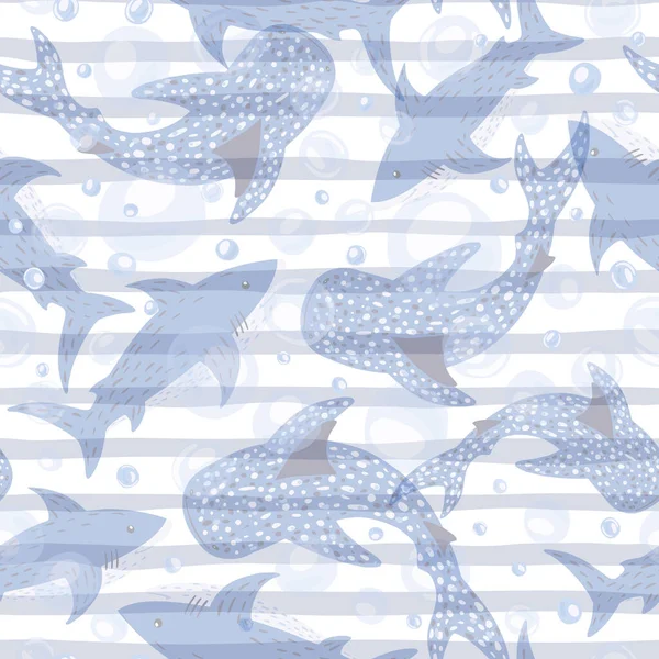 青い縞模様の背景にシームレスなパターンシースルーサメ ハマーヘッド ホエール ホワイトシャーク バブルでかわいいプリント 子供っぽい生地のための面白い水中動物 ベクターイラストデザイン — ストックベクタ