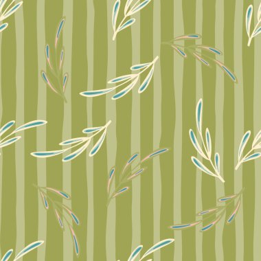 Rastgele doğa kusursuz desen ve karalama ana hatlı siluet izleri. Yeşil çizgili arka plan. Kumaş tasarımı, tekstil baskısı, ambalaj ve kapak için tasarlandı. Vektör illüstrasyonu.