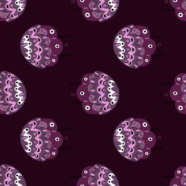 Mor renklerde halk çiçekleri takılı siyah, pürüzsüz desen. Siyah arka plan. Karalama baskısı. Kumaş tasarımı, tekstil baskısı, ambalaj ve kapak için tasarlandı. Vektör illüstrasyonu.