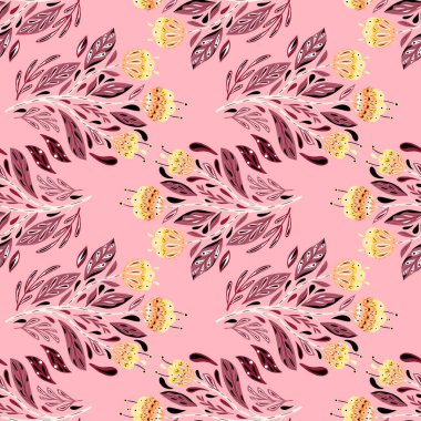 Morumsu yaprakları ve sarı çiçek buketi olan parlak, yaz desenli bir desen. Pembe arka plan. Kumaş tasarımı, tekstil baskısı, ambalaj ve kapak için mükemmel. Vektör illüstrasyonu.