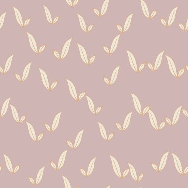 Tesadüfi soyut yaprak siluetleri olan kusursuz botanik deseni. Pastel pembe arka plan. Basit bir tarz. Kumaş tasarımı için dekoratif zemin, tekstil baskısı, ambalaj, kapak. Vektör illüstrasyonu.
