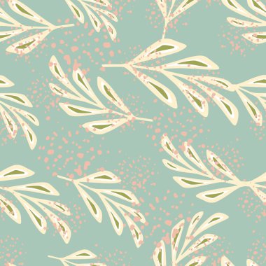 Beyaz geometrik yaprak dalları siluetlerle dekoratif, pürüzsüz desen. Mavi arka plan ve sıçramalar. Kumaş tasarımı, tekstil baskısı, ambalaj ve kapak için tasarlandı. Vektör illüstrasyonu.