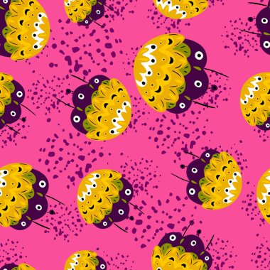 El çizimi sarı halk çiçekleri rastgele ve pürüzsüz desenler. Pembe arka planı ve sıçramaları olan botanik izleri. Kumaş tasarımı, tekstil baskısı, ambalaj ve kapak için tasarlandı. Vektör illüstrasyonu.