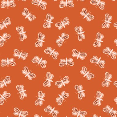 Doğa böceği pürüzsüz desenli ve küçük bir yerel kelebek desenli. Turuncu arka plan. Botanik tarzı. Kumaş tasarımı, tekstil baskısı, ambalaj, kapak için harika. Vektör illüstrasyonu.