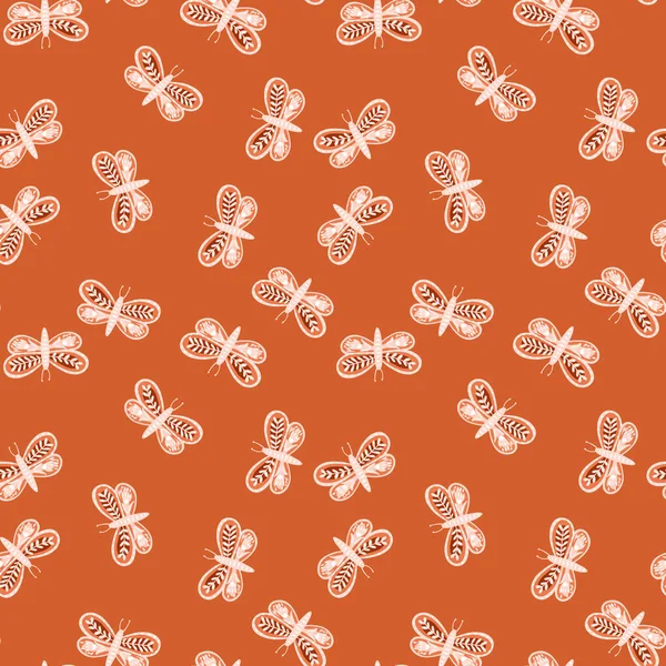 小さなランダムな民俗蝶のプリントと自然昆虫シームレスパターン オレンジの背景 植物学的なスタイル 生地デザイン テキスタイルプリント ラッピング カバーに最適です ベクターイラスト — ストックベクタ