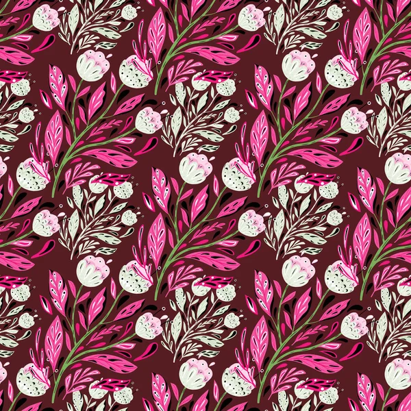 自然无缝图案与植物性民间花束元素 栗色背景 粉红色的叶子 完美的面料设计 纺织品印花 矢量说明 — 图库矢量图片