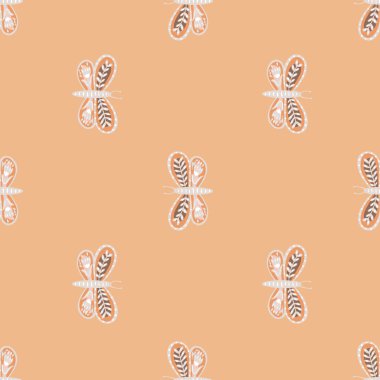 Gri süslemeli kelebek halk şekilleri iz bırakmaz. Pastel turuncu arka plan. Basit bir tarz. Kumaş tasarımı, tekstil baskısı, ambalaj, kapak için harika. Vektör illüstrasyonu.