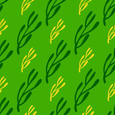 Bitkisel dalların süslendiği kusursuz botanik desenler. Basit yazıları yeşil ve sarı tonlarda karala. Kumaş tasarımı için dekoratif zemin, tekstil baskısı, ambalaj, kapak. Vektör illüstrasyonu.