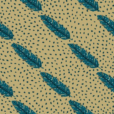 Mavi turkuaz desenli, elle çizilmiş yaprak elementli. Bej noktalı arka plan. Kumaş tasarımı için dekoratif zemin, tekstil baskısı, ambalaj, kapak. Vektör illüstrasyonu.