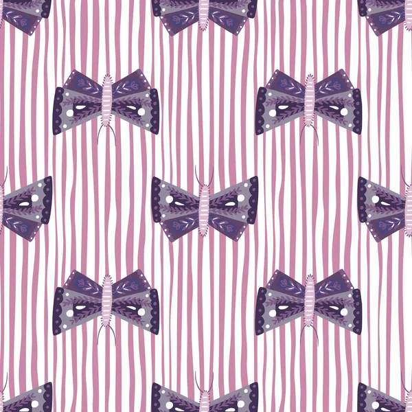 紫の民俗蝶の装飾シームレスなドアパターン 白とピンクの縞模様の背景 ファウナ プリント ファブリックデザイン テキスタイルプリント ラッピング カバーに最適です ベクターイラスト — ストックベクタ