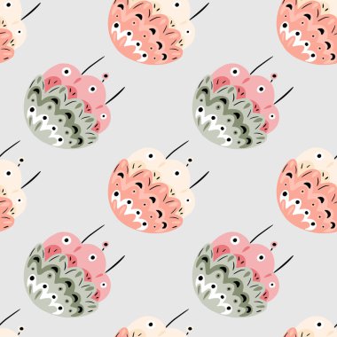 Pastel, süslemeli pembe çiçek desenli pürüzsüz bir desen. Açık renkli mavi arkaplan. Kumaş tasarımı, tekstil baskısı, ambalaj ve kapak için tasarlandı. Vektör illüstrasyonu.