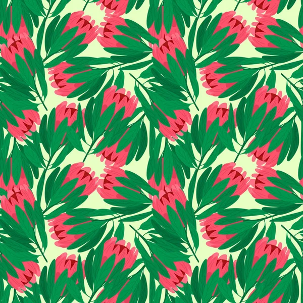 Скрапбук Природы Бесшовный Узор Зелеными Листьями Розовыми Цветками Протеи Изолированный — стоковый вектор