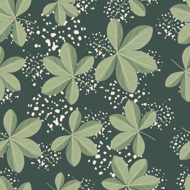 Rastgele yeşil entrika çiçekleri karalama tarzında kusursuz desenler basar. Arka planda su sıçraması. Kumaş tasarımı, tekstil baskısı, ambalaj ve kapak için tasarlandı. Vektör illüstrasyonu.