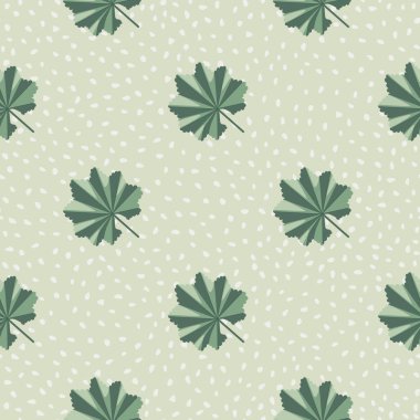 Soyut orman yaprağı yeşil renksiz desen karalama tarzında. Gri noktalı arka plan. Kumaş tasarımı, tekstil baskısı, ambalaj ve kapak için tasarlandı. Vektör illüstrasyonu.