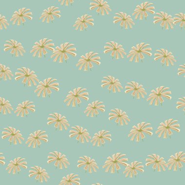 Rastgele bej palmiye licuala süsüsüyle deodoratif desensiz desen. Mavi arka plan. Doğa baskısı. Kumaş tasarımı, tekstil baskısı, ambalaj ve kapak için mükemmel. Vektör illüstrasyonu.