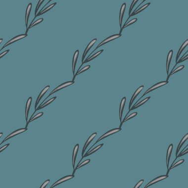 Çapraz karalama dalları olan kusursuz soluk desenli elementler iz bırakıyor. Açık lacivert arka plan. Kumaş tasarımı, tekstil baskısı, ambalaj ve kapak için tasarlandı. Vektör illüstrasyonu.