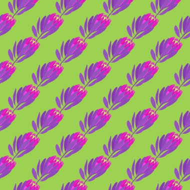 Çapraz protea çiçekleri silueti olan kusursuz doğa deseni. Parlak yeşil arka plan. Basit bir tarz. Kumaş tasarımı, tekstil baskısı, ambalaj ve kapak için mükemmel. Vektör illüstrasyonu.