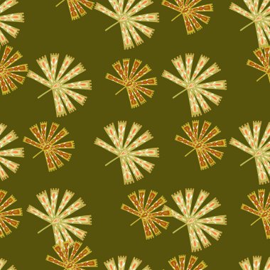 Sonbahar mevsimi, yeşil arka bahçesinde tropik halk licuala palmiye süsüsüyle kusursuz bir baba. Kumaş tasarımı için dekoratif zemin, tekstil baskısı, ambalaj, kapak. Vektör illüstrasyonu.