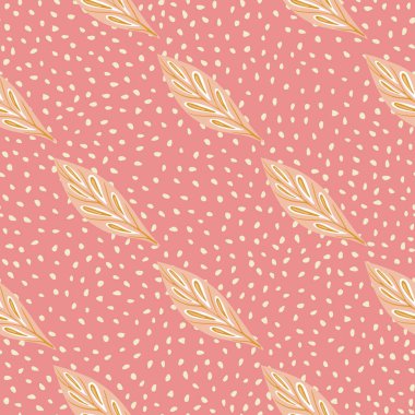 Bej köşegenli karalama yaprakları, kusursuz desen. Pembe noktalı arka plan. El çizimi stili. Kumaş tasarımı, tekstil baskısı, ambalaj ve kapak için tasarlandı. Vektör illüstrasyonu.