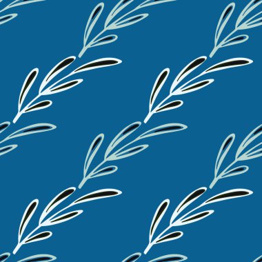 Beyaz şekilli çiçek dalları dikişsiz karalama deseni. Parlak mavi arka plan. Minimalist el çizimi tarzı. Kumaş tasarımı, tekstil baskısı, ambalaj ve kapak için tasarlandı. Vektör illüstrasyonu.
