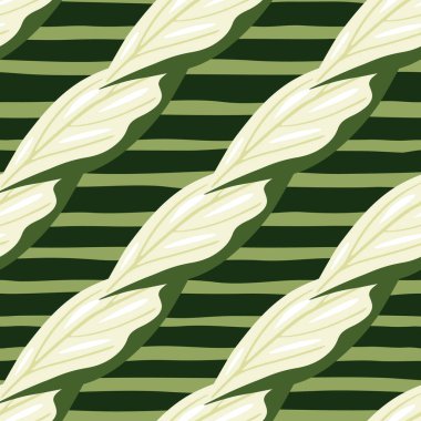 Doğanın soyut ve sade yaprak süsü ile botanik kusursuz desen. Yeşil çizgili arka plan. Kumaş tasarımı, tekstil baskısı, ambalaj ve kapak için mükemmel. Vektör illüstrasyonu.