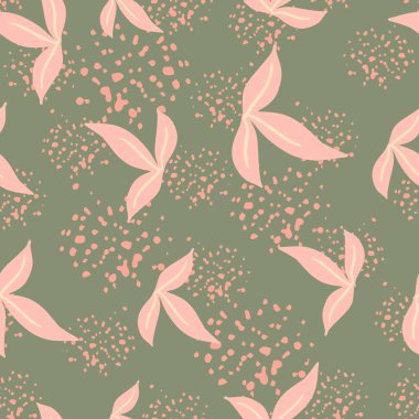 Pembe yaprak süslemesi olan rastgele, dikişsiz botanik desenler. Su sıçramalı yeşil arkaplan. Kumaş tasarımı, tekstil baskısı, ambalaj ve kapak için mükemmel. Vektör illüstrasyonu.