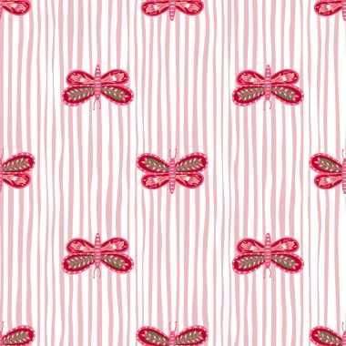 Pembe halk kelebekleri, botanik tarzında kusursuz desenler sergiliyor. Çizgili beyaz ve pembe arka plan. Kumaş tasarımı, tekstil baskısı, ambalaj, kapak için harika. Vektör illüstrasyonu.