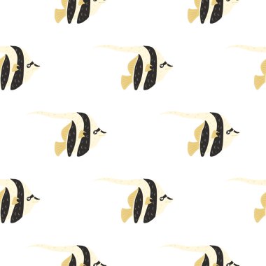 Su altı kusursuz desenli, karalama imparatorluğu melek balığı şekilli. Beyaz arka plan. Basit bir tarz. Kumaş tasarımı, tekstil baskısı, ambalaj ve kapak için tasarlandı. Vektör illüstrasyonu.