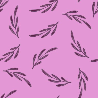 Mor şekilli karalama dalları olan minimalist, pürüzsüz bir desen. Leylak arkaplan. Çiçek izi. Kumaş tasarımı, tekstil baskısı, ambalaj ve kapak için tasarlandı. Vektör illüstrasyonu.