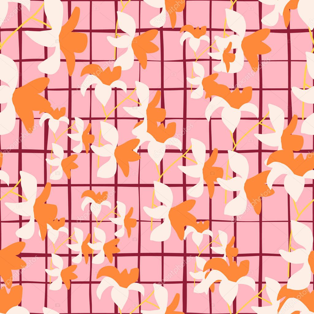 Random bright orange hawaii flower silhouettes seamless pattern in doodle style. Pink chequered background. Perfect for fabric design, textile print, wrapping, cover. Vector illustration.