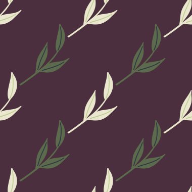 Asgari doğa tarzı, beyaz ve yeşil İskandinav yaprağı dalları ile kusursuz desen. Kahverengi arka plan. Kumaş tasarımı, tekstil baskısı, ambalaj ve kapak için mükemmel. Vektör illüstrasyonu.