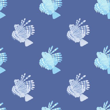 Parlak aslan balığının siluetleriyle basit, pürüzsüz bir okyanus şekli. Mavi arka plan. Soyut baskı. Kumaş tasarımı, tekstil baskısı, ambalaj ve kapak için mükemmel. Vektör illüstrasyonu.