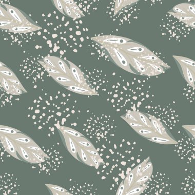 Gri rastgele geometrik yaprak, karalama stilinde kusursuz deseni şekillendirir. Su sıçraması olan açık yeşil bir arka plan. Kumaş tasarımı, tekstil baskısı, ambalaj ve kapak için mükemmel. Vektör illüstrasyonu.