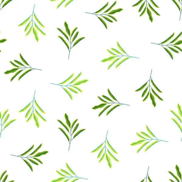 Минималистичный Ботанический Стиль Бесшовный Узор Зелеными Листьями Веток Форм Фоне — стоковый вектор