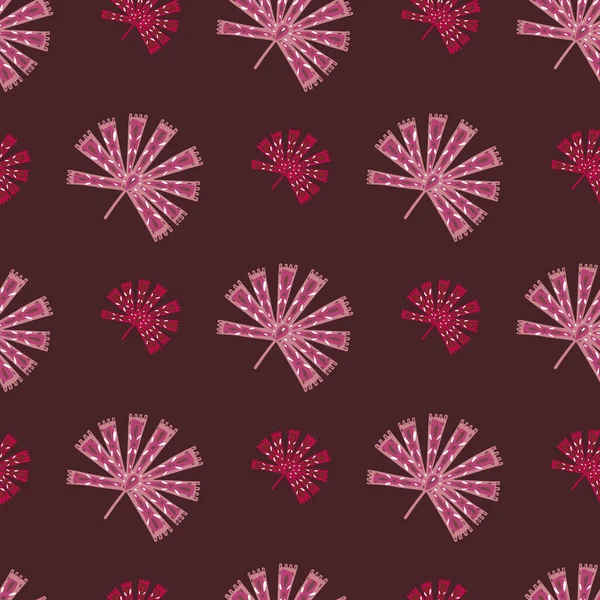 剪贴簿的热带无缝图案与粉红的民间苔藓棕榈装饰 深色栗色背景 面料设计 纺织品印花 包覆装饰背景 矢量说明 — 图库矢量图片