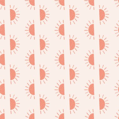 Çocuksu güneş süsü, çocuk tarzında kusursuz desenli. Pembe iz. Pastel arka plan. Scandi tarzı. Kumaş tasarımı, tekstil baskısı, ambalaj ve kapak için mükemmel. Vektör illüstrasyonu.